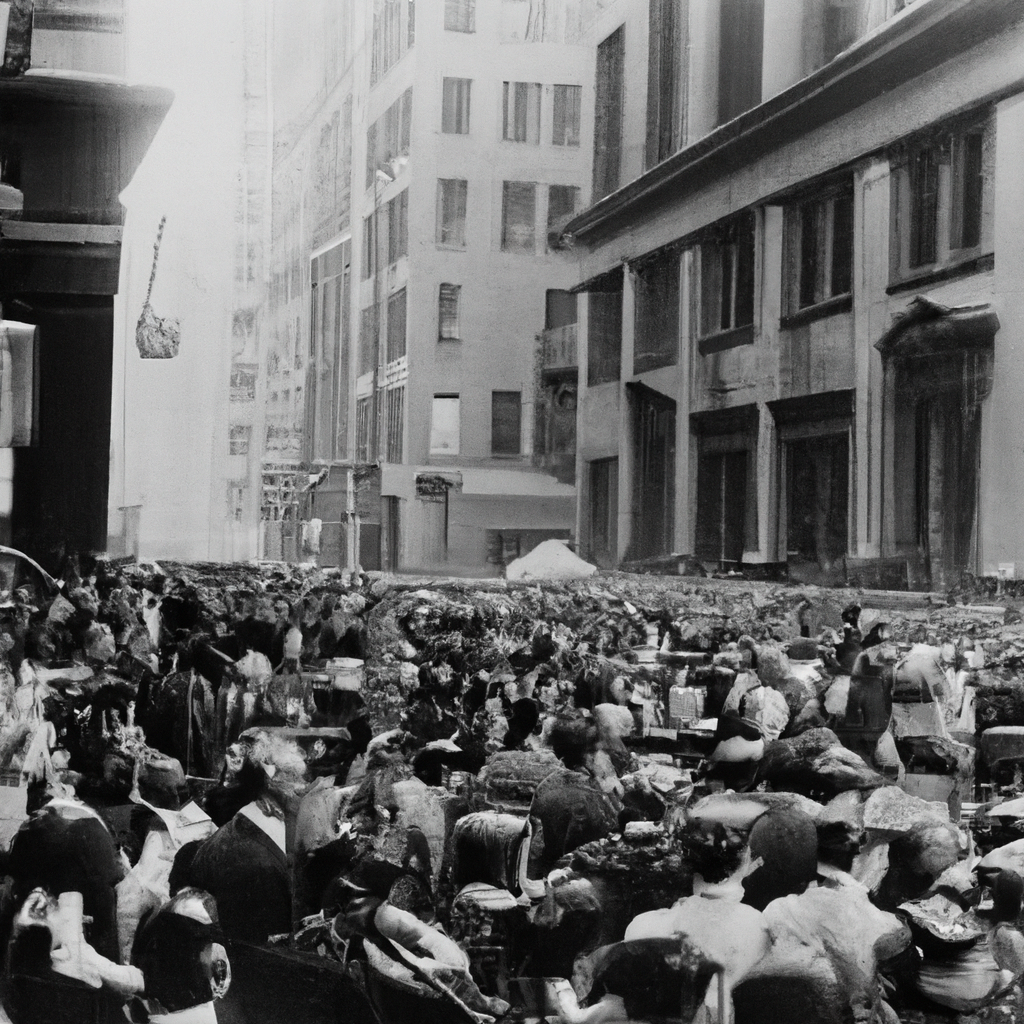 Black and white photo low resolution, news paper photo 1928, exterior view, NYC city crowd, Wall Street, crowd