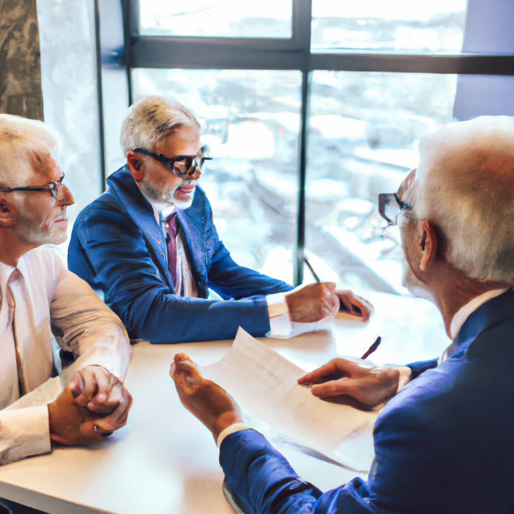 High resolution color photo, interview view, law firm conference room, retired couple signing legal documents