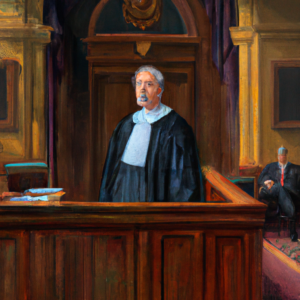 Oil painting somber colors in style of a modern probate judge, finely detailed, almost photo realistic. Judge standing, robe on. Court room in background is of a full gallery