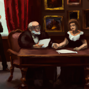 Oil paiting in style of Rembrandt, interview view, law firm conference room, retired couple signing legal documents