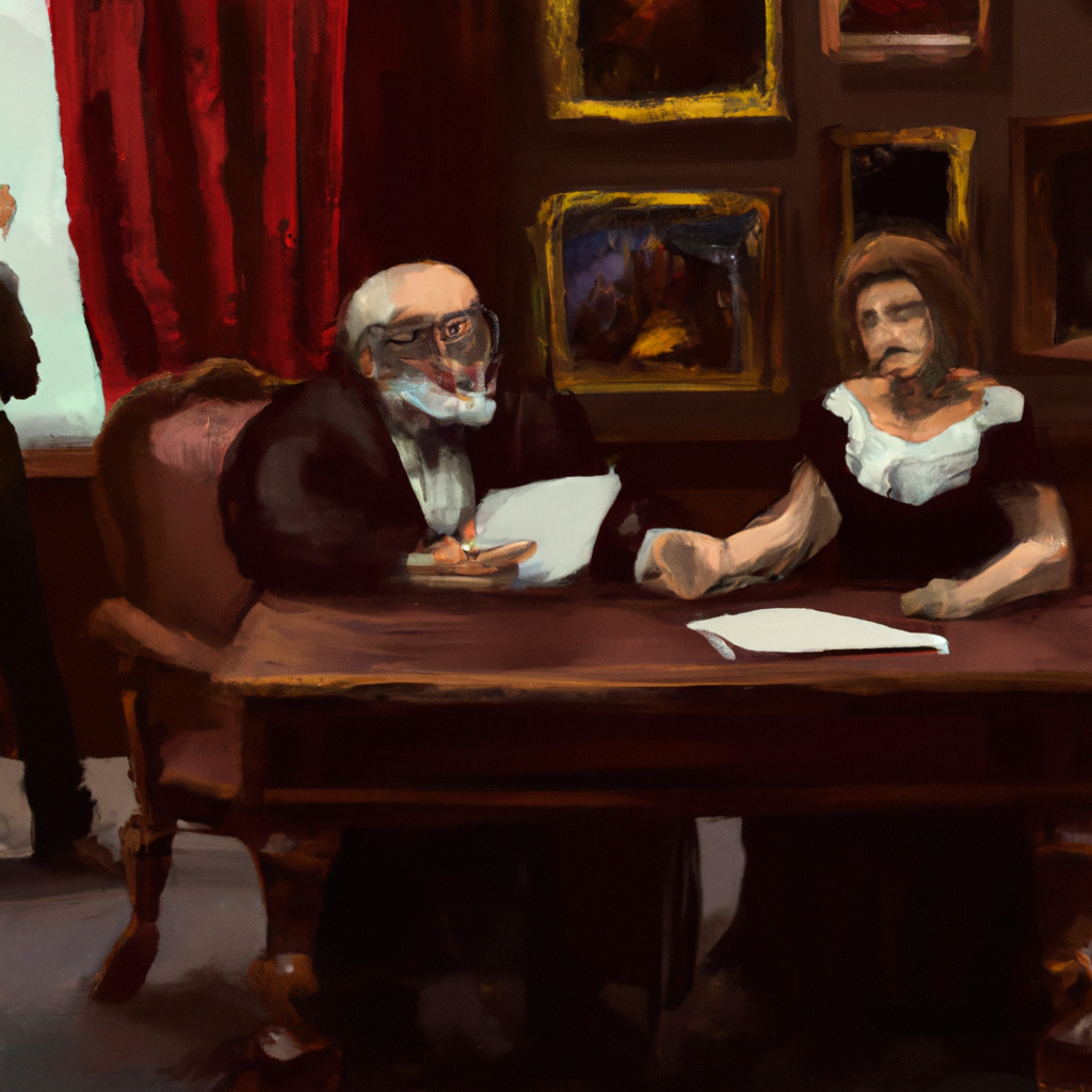 Oil paiting in style of Rembrandt, interview view, law firm conference room, retired couple signing legal documents