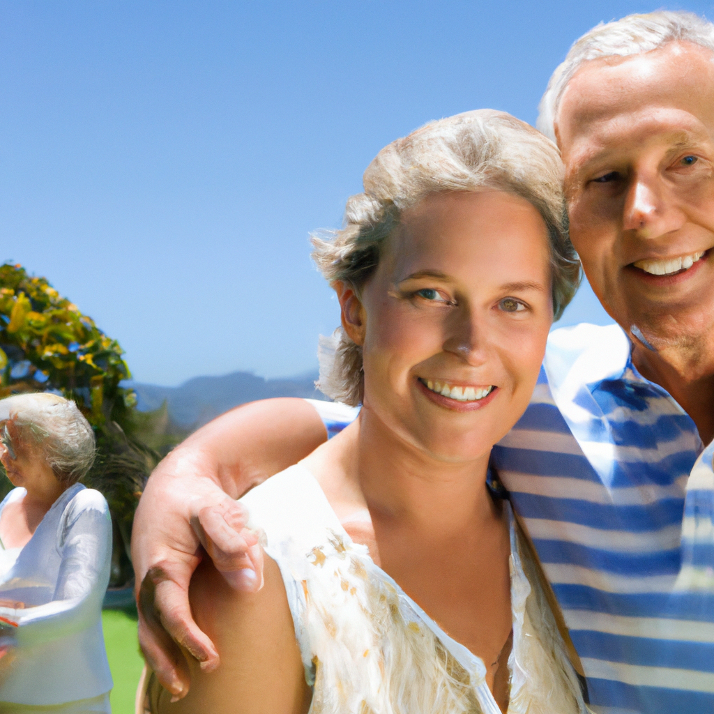 couple in retirement, happy, looking at camera, grandkids in the background, sunny day