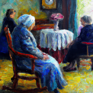 oil painting in style of Monet, interior view, old woman in the nursing home, somber, family around,