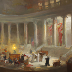 oil painting in style of Turner, interior view, passing the Medicare Catostrophic Act before congress, Capitol rotunda, press, specators, senators,
