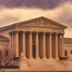 oil painting in style of rembrandt, exterior view of supreme court Building in Washington DC during civil war,overcast skies, somber hues with natural tones,